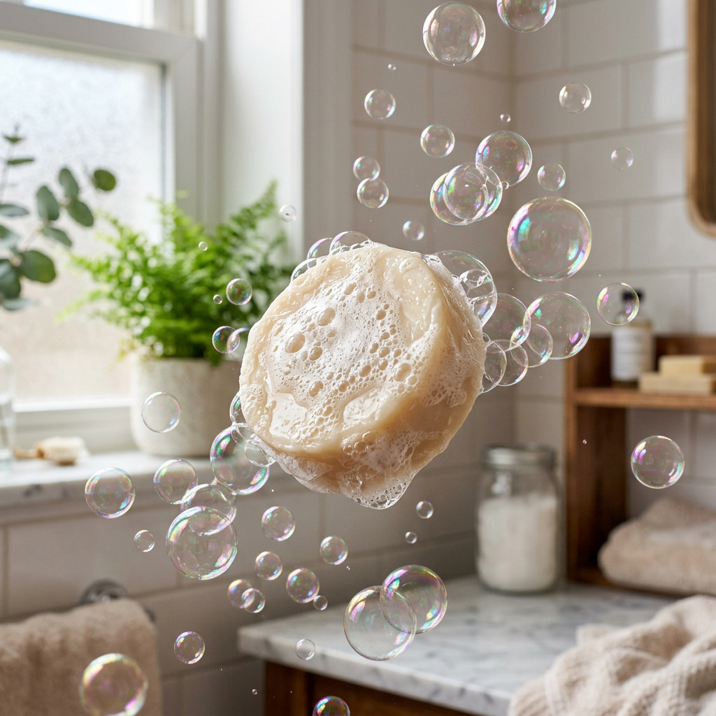 Bubbly soap bar with bubbles in air